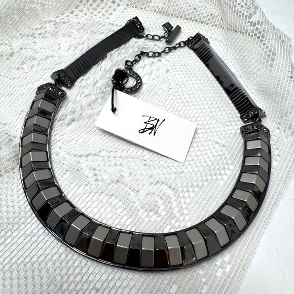 Black & White Geometric Statement Necklace With Adjustable Chain & Crystal Accen - Picture 4 of 9